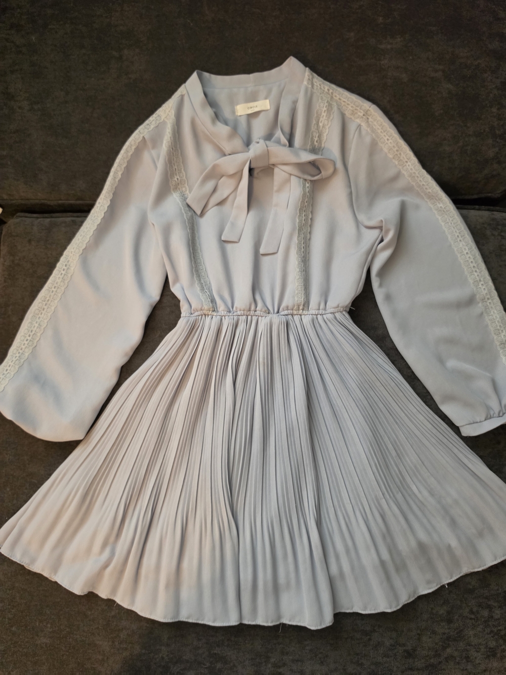 Light Blue Pleated Tie-Neck Dress